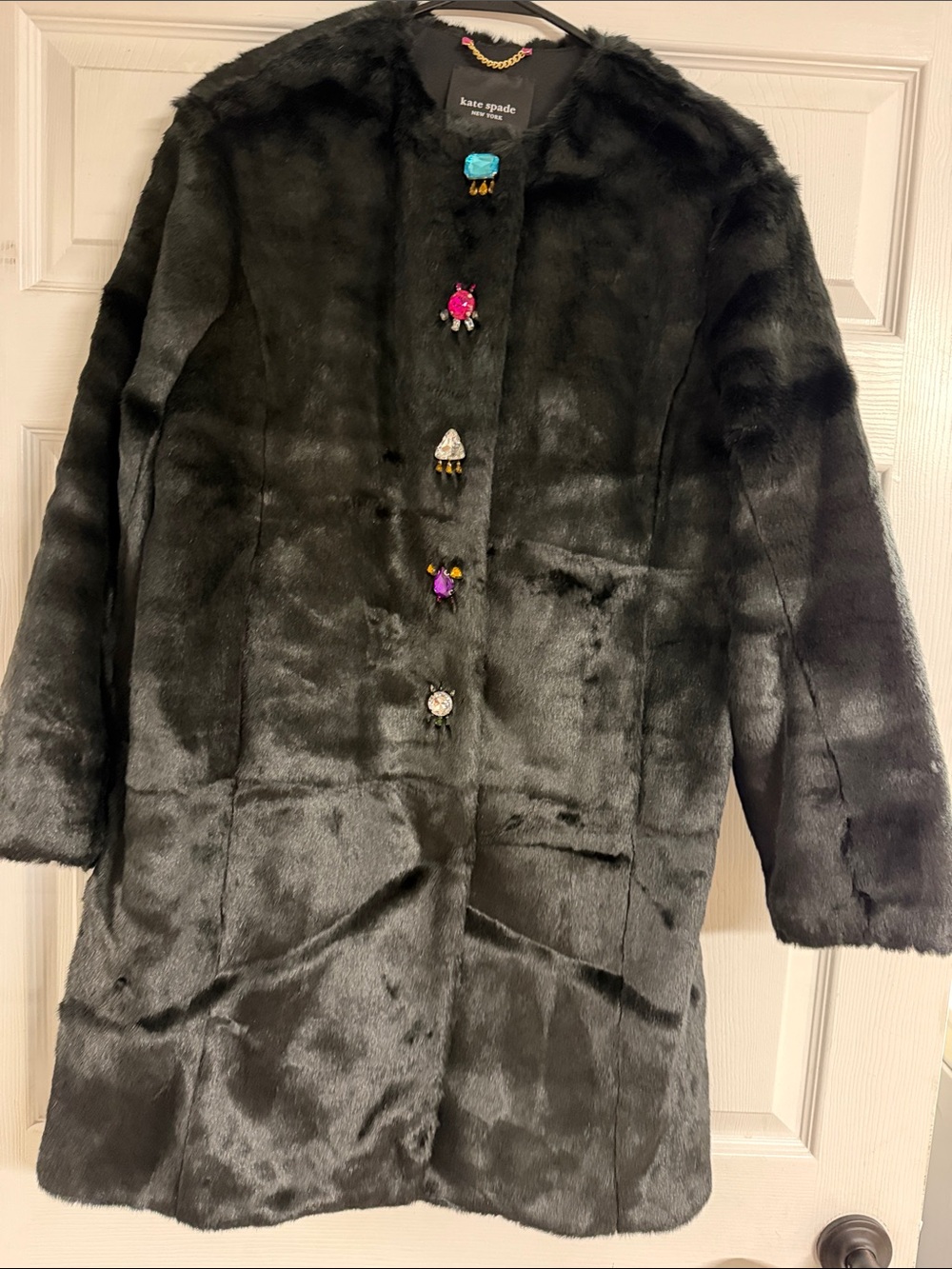 Gorgeous Kate Spade black fur coat with amazing buttons size xs
